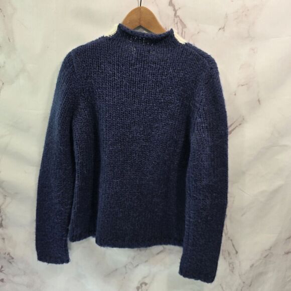 LL Bean Sweater Womens Medium Blue Cream Mohair Wool Cable Knit Roll Neck Twist - Picture 5 of 9